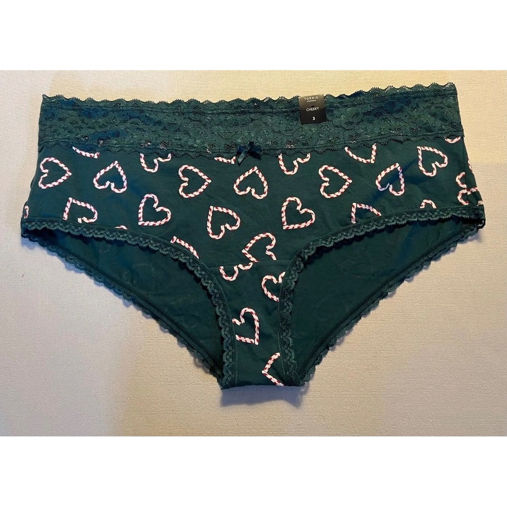 Torrid Cheeky Panties Green Candy Cane Heart Lace Trim Bow Size 3 NWT